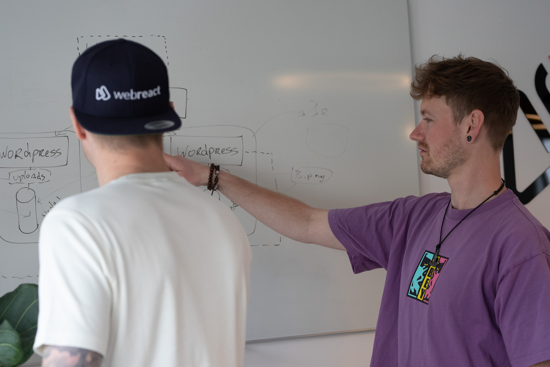 Twee mannen staan voor een whiteboard met technische schema’s en diagrammen. De man rechts wijst naar een onderdeel van de tekening, terwijl de man links, die een pet met het Webreact-logo draagt, toekijkt. Op het whiteboard staan woorden zoals 'WordPress' en schetsen die lijken te verwijzen naar databases en servers. Het Webreact-logo is gedeeltelijk zichtbaar op de muur.